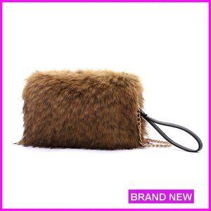 Faux Fur Evening Clutch with Detachable Chain, Wristlet Handbag